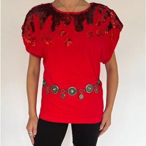 80s vintage red sequin embellished funky cotton short sleeved tee shirt large